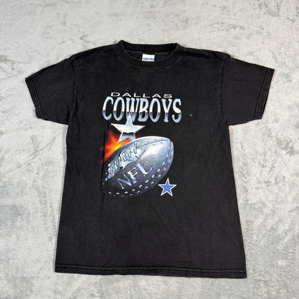 Vintage True Fan Mens Large T-Shirt Dallas Cowboys NFL USA Black Graphic Tee
